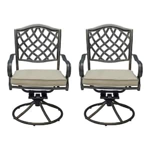 2-Piece Cast Aluminum Bronze Swivel Patio Dinning Chair with Beige Cushion