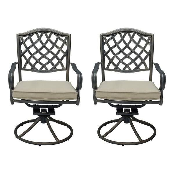 Clihome 2-Piece Cast Aluminum Bronze Swivel Patio Dinning Chair with Beige Cushion