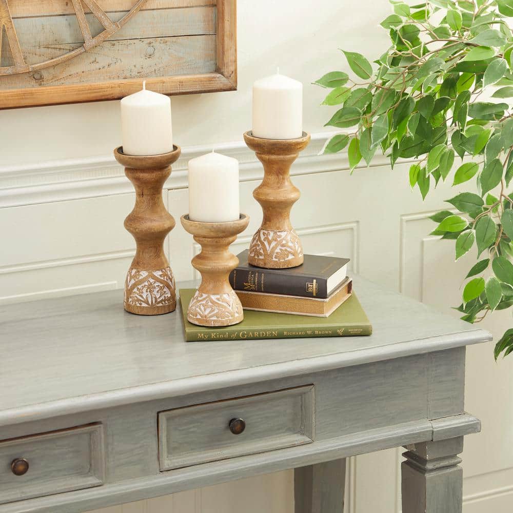 Boho-Chic Weathered Wood Pillar Candle Stick Set