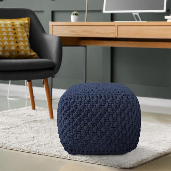 Casafield Navy Blue Knit Cotton Square 18.5 in. x 18.5 in. x 14.5 in. Pouf Foot Stool