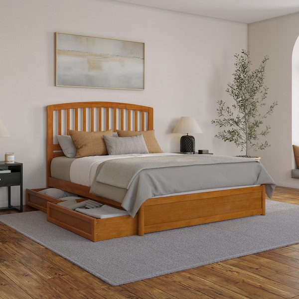 AFI Lucia Light Toffee Natural Bronze Solid Wood Frame Queen Platform Bed with Panel Footboard Storage Drawers