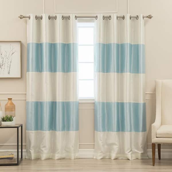 Best Home Fashion 84 in. L Ivory and Sky Blue Faux Silk Striped ...