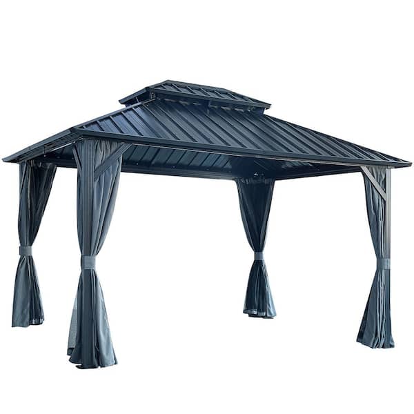 Unbranded 10 ft. W x 12 ft. L Outdoor Gazebo 2-Tier Hard Top Galvanized Iron Aluminum Frame with Net and Curtain for Backyard