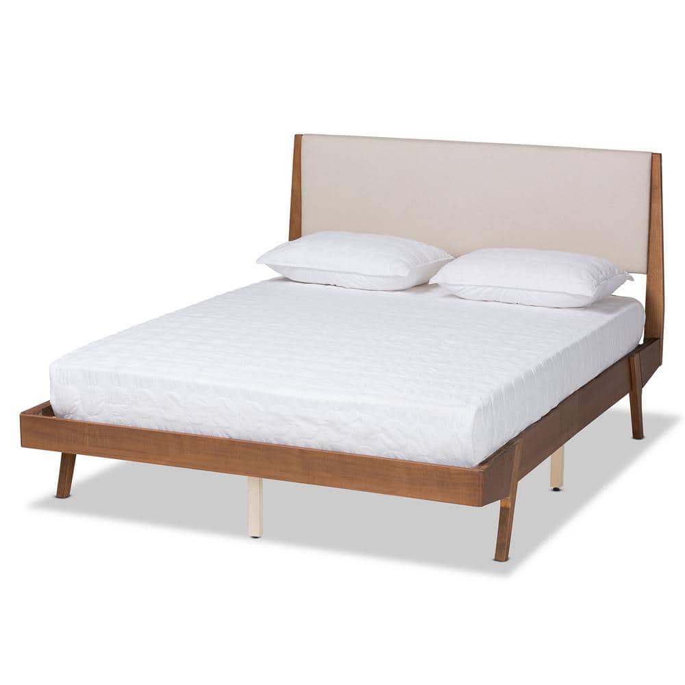 Beige Upholstered Queen Bed with Walnut Wood Frame