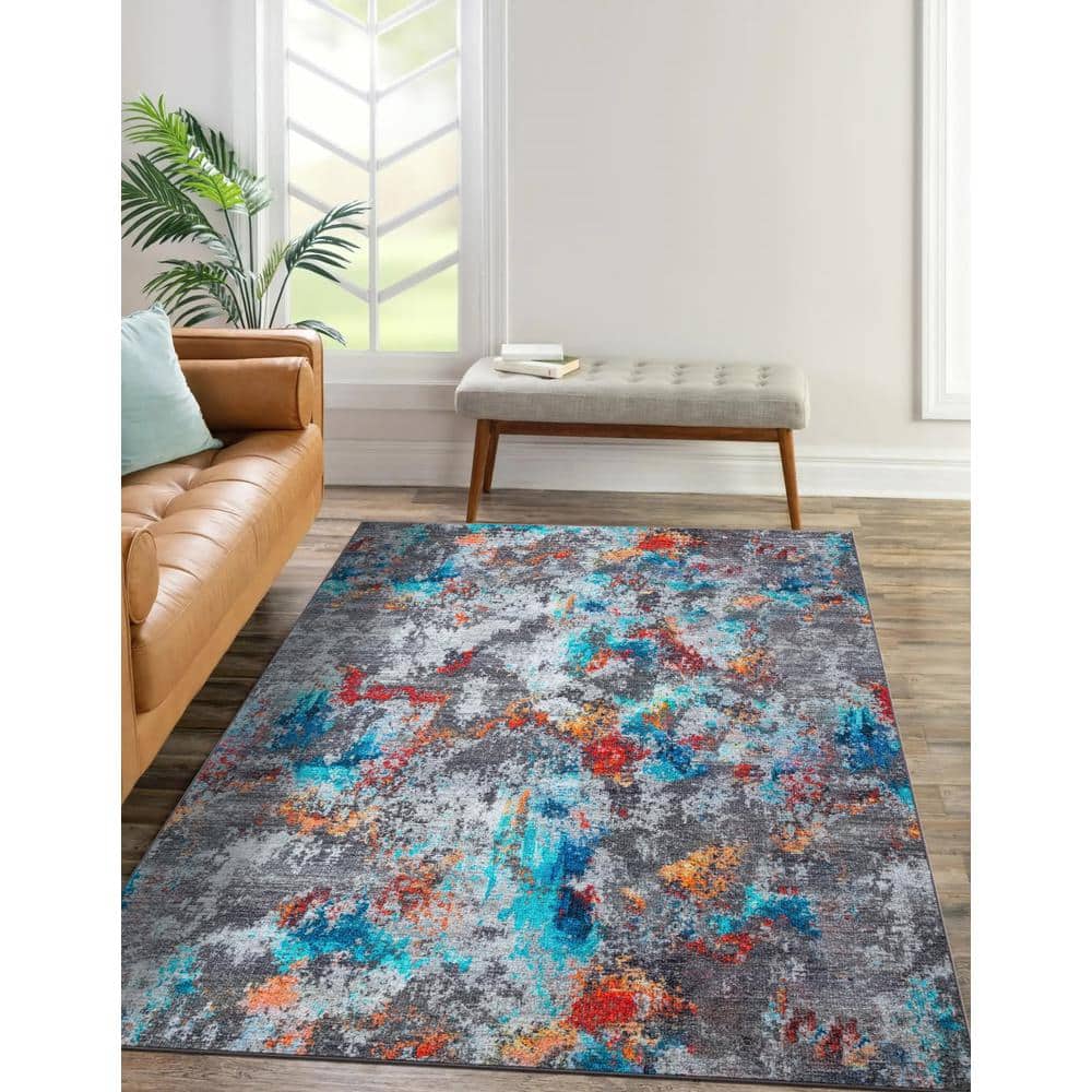 Ocean Breeze Blue and Gray Synthetic 5' x 7' Washable Area Rug