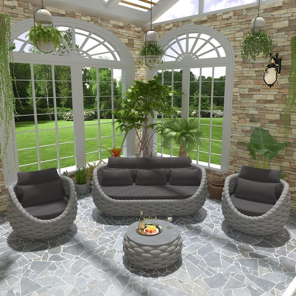 Gray Aluminum 4 Piece Woven Rope Patio Outdoor Sectional Sofa Set Three-seater Sofa with Drak Gray Cushions