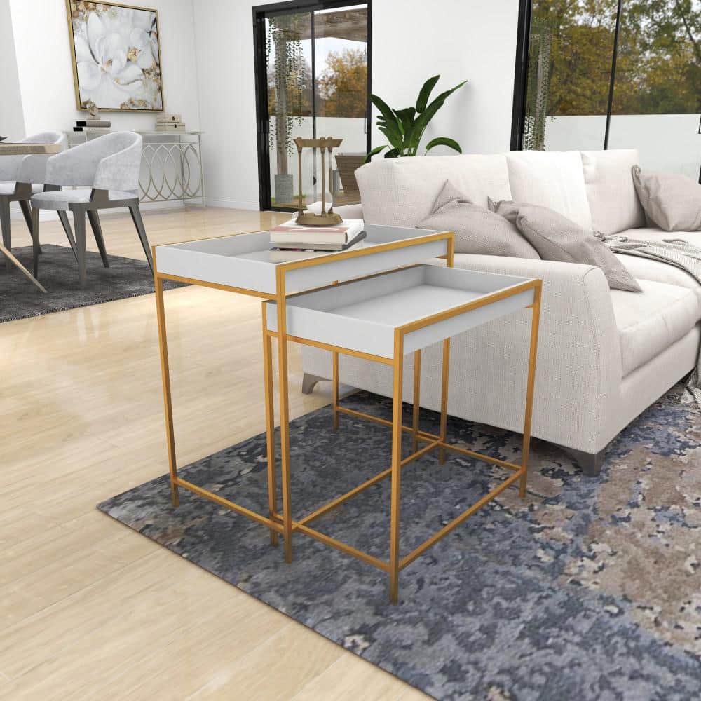 White and Gold Polished Nesting Console Tables, Set of 2