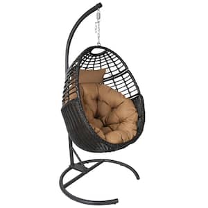 Dark Brown Egg-Shaped Metal Outdoor Freestanding Porch Swings Hanging with Cushion and Headrest