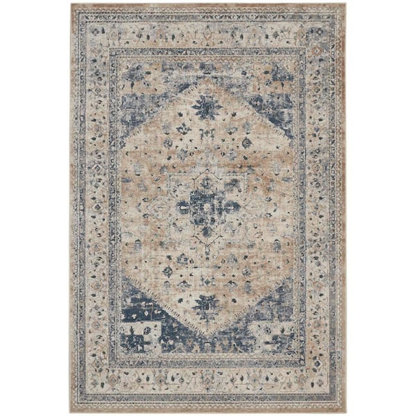 Kathy Ireland Home Malta Beige/Blue 5 ft. x 8 ft. Traditional Area Rug