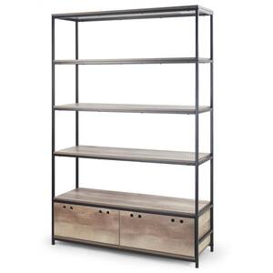 August 71.5 in. Light Brown Weathered Oak Particle Board 5- -Shelf Modern Etagere Metal Frame Bookcase with Drawers