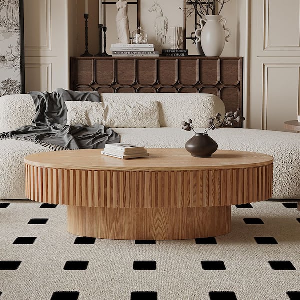 Leigh Modern 47.2 in. Brown Oval MDF Wood Coffee Table with Storage, Fluted Design, Natural