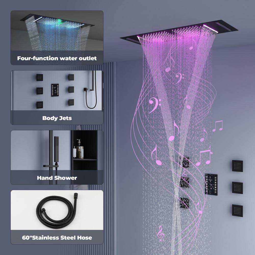 Matte Black Stainless Steel LED Bluetooth Music Rainfall Shower System