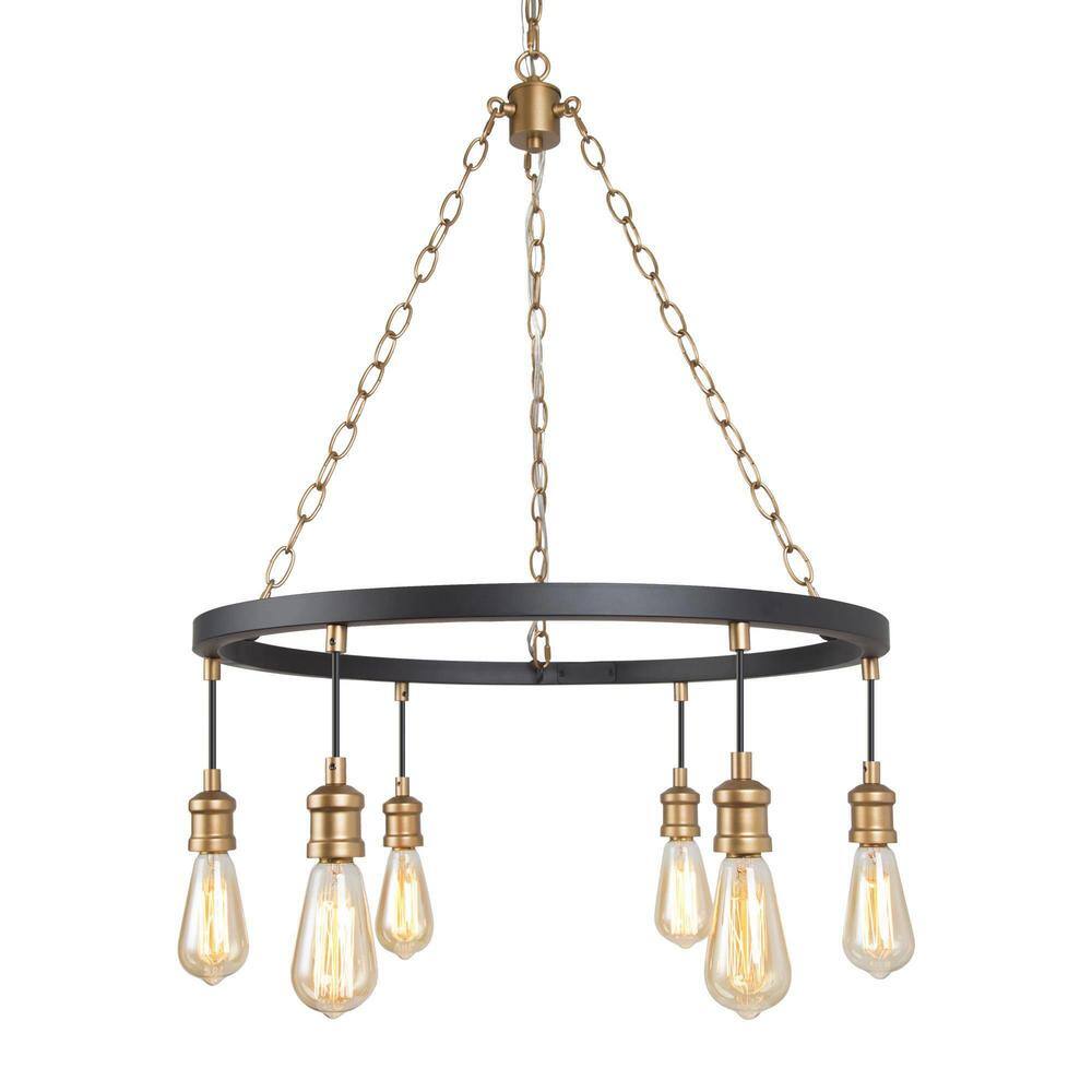 6-Light Farmhouse Chandelier with Modern Black and Satin Gold Finish