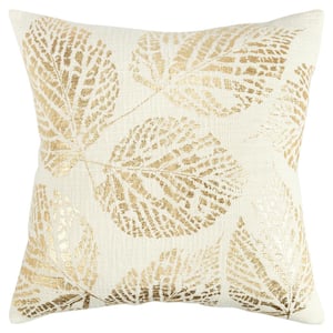 Ivory/Gold Heavy Woven with Gold Foil Leaf Print Cotton Poly Filled 20 in. x 20 in. Decorative Throw Pillow