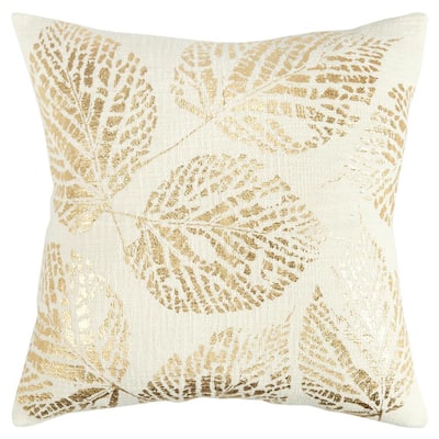 Ivory/Gold Heavy Woven with Gold Foil Leaf Print Cotton Poly Filled 20 in. x 20 in. Decorative Throw Pillow