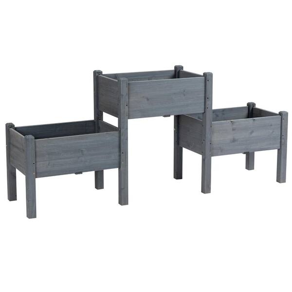 Oyezvary 72.50 in. Gray Wood Rectangular Outdoor 3-Planter Raised Beds with Drainage Holes for Vegetables, Flowers and Herbs