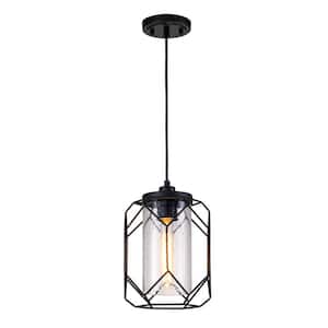 Imperium Modern 1-Light Black Finish Geometric Cage Wire Pendant with Seeded Glass Shade