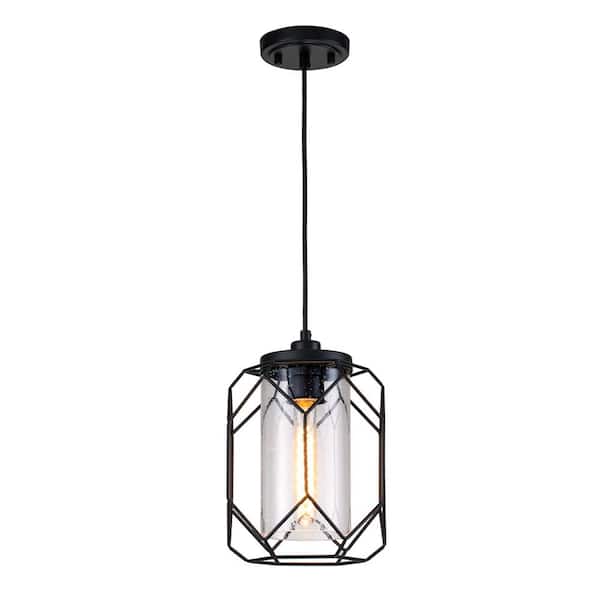 Edvivi Imperium Modern 1-Light Black Finish Geometric Cage Wire Pendant with Seeded Glass Shade
