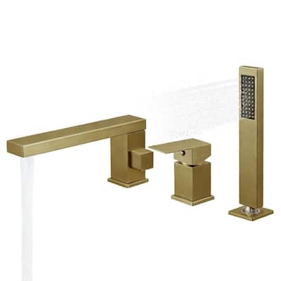 Single-Handle Deck-Mount Roman Tub Faucet with Hand Shower in Brushed Gold