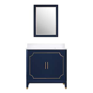 36 in. W x 22 in. D x 35 in. H Single Sink Bathroom Vanity Mirror Set in Navy Blue with White Quartz Top