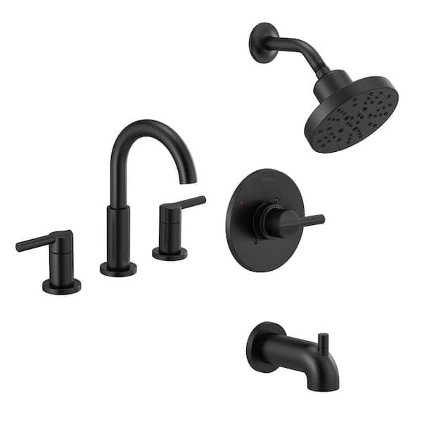 Delta Nicoli 5-Spray Tub and Shower Faucet with J-Spout 8 in. Widespread Double Handle Bathroom Faucet in Matte Black