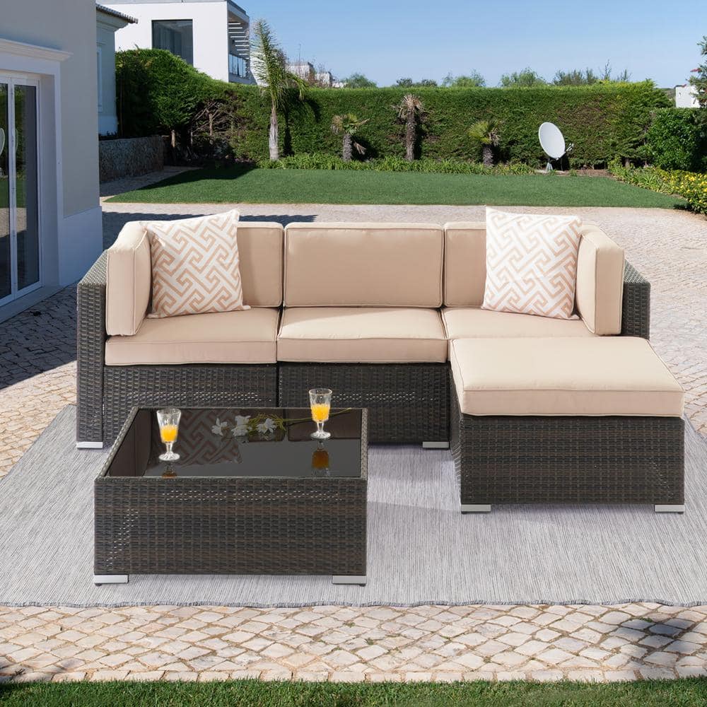 JOYESERY 5-Piece Wicker Rattan Patio Conversation Sets All-Weather PE ...