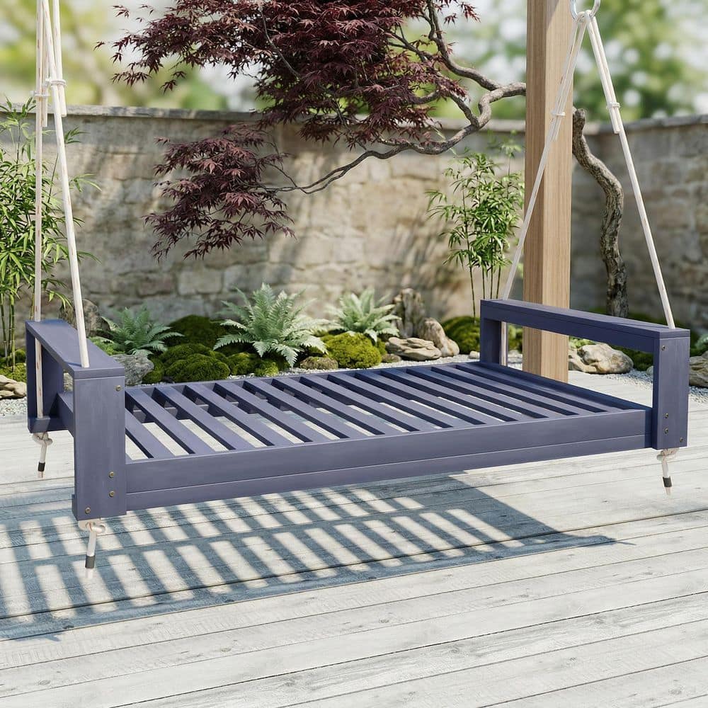 ベンチ 2-Person Gray Acacia Wood Porch Swing Bed, Twin Size Patio Swing