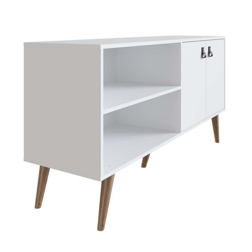 Amber White MDF TV Stand with Faux Leather Handles and Cabinet
