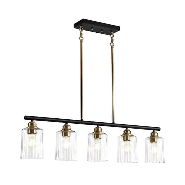 Sierra 5-Light 33.7 in. W Matte Black Chandelier Transitional Bell Pendant with Brass Accents and Pressure Ribbed Glass