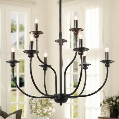 Modern Farmhouse Black Large Island Chandelier 30" Two-Tier 9-Light Classic Candlestick Kitchen Dining Room Pendant