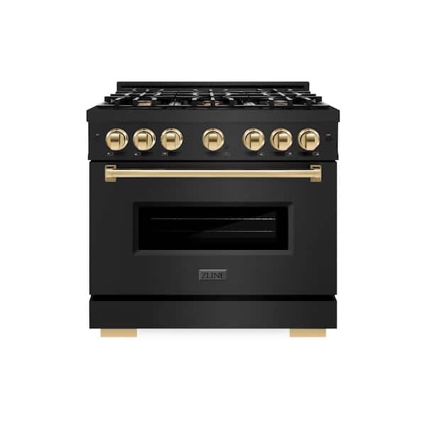 ZLINE Kitchen and Bath Classic 36 in. 6-Burner Gas Range with Gas Convection Oven in Black Stainless Steel and Polished Gold