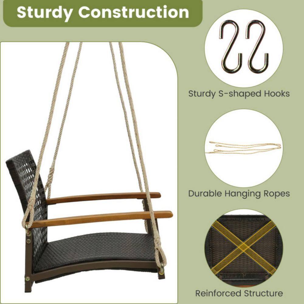 Single Off-White Rattan Porch Swing with Acacia Wood Armrests