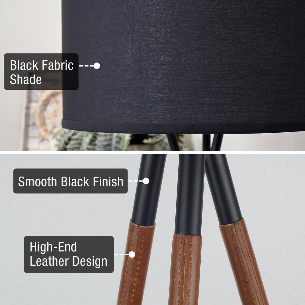 Black Tripod Floor Lamp with Fabric Shade and Faux Leather Accents