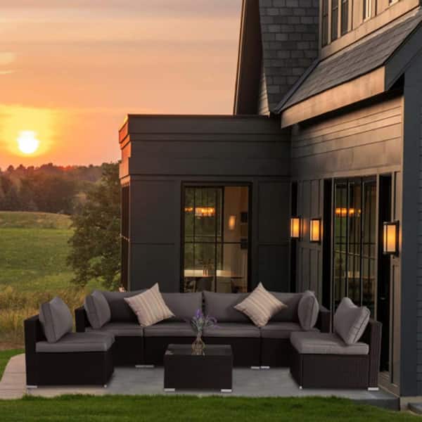 Unbranded 7 Pieces Black Wicker Outdoor Patio Conversation Set with Grey Cushions, Coffee Table, for Garden, Poolside