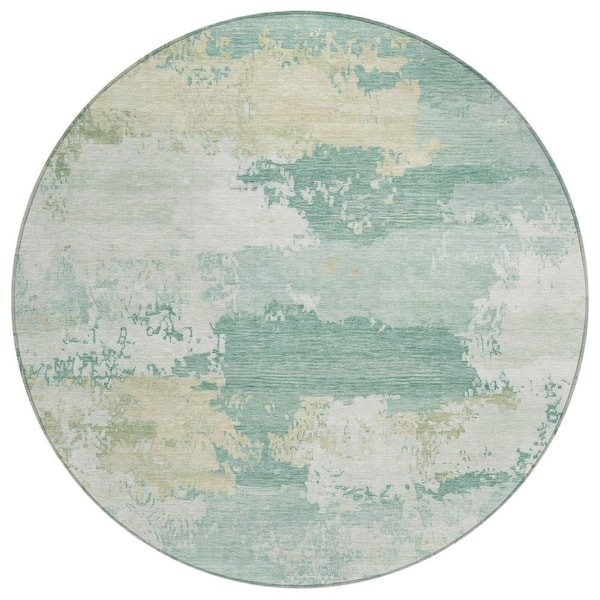 Chantille Machine Washable Indoor/Outdoor Abstract ACN2372 Turquoise 8 ft. x 8 ft. Round Rug