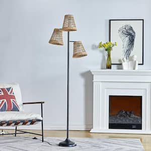 New York 72 in. Black Standard Metal Floor Lamp with Three Rattan Lampshades.