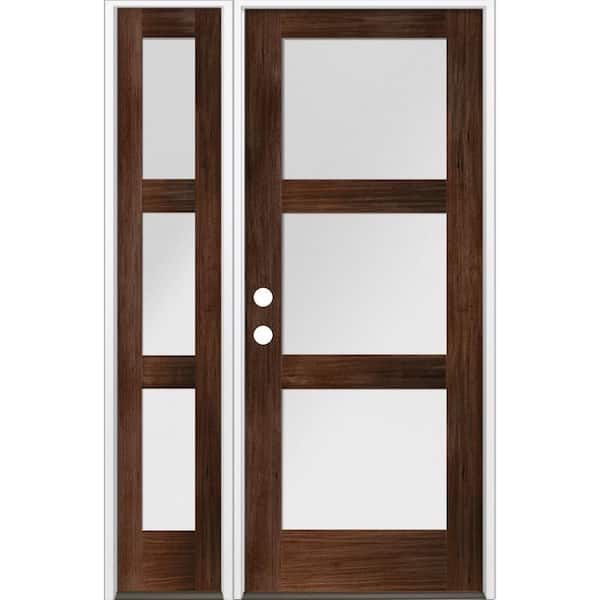 Krosswood Doors 50 in. x 80 in. Modern Hemlock 3-Lite Right-Hand/Inswing Satin Glass Red Mahogany Stain Wood Prehung Front Door