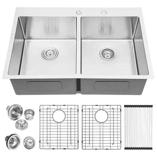 LORDEAR 33 in. Drop in Double Bowl 50/50 16-Gauge Stainless Steel Kitchen Sink with Bottom Grids