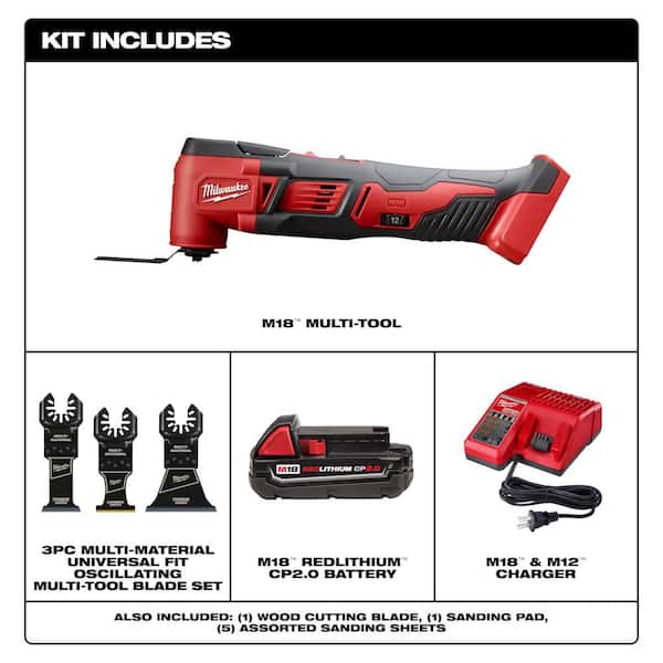M18 18V Oscillating Multi-Tool Kit w/ 2Ah Battery, Charger with 3-Pc OMT Multi-Material Blade Kit