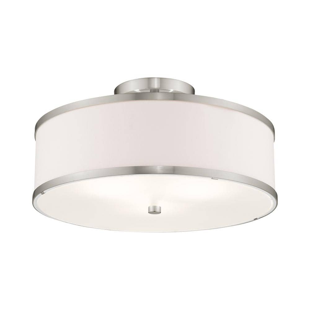 Brushed Nickel 3-Light Drum Ceiling Mount with White Hardback Shade