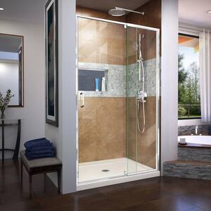 Flex 34 in D x 42 in. W x 74.75 in. H Framed Pivot Shower Door in Chrome with Center Drain Biscuit Acrylic Base Kit