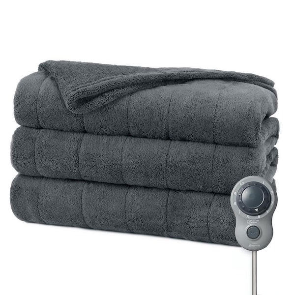 sunbeam premium soft electric heated queen blanket in gray violet