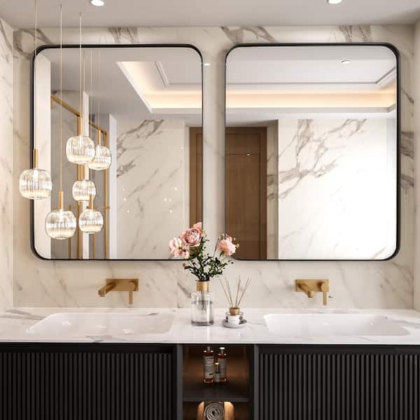 40 in. W x 32 in. H Tempered Glass Rectangular Framed Wall-Mounted Bathroom Vanity Mirror in Black