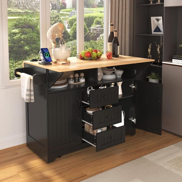 Coporesell Black Rubber wood Kitchen Cart with 2 Drop Leaf and Power Outlet