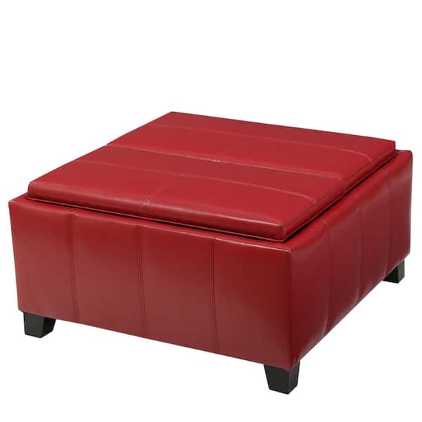 Noble House Mansfield Red PU Leather Tray Top Storage Ottoman
