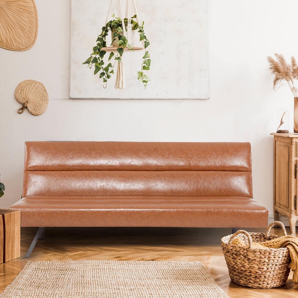 Caramel Futon Sofa Bed Faux Leather Futon Couch Modern Convertible Folding Sofa Bed Couch with Chrome Legs