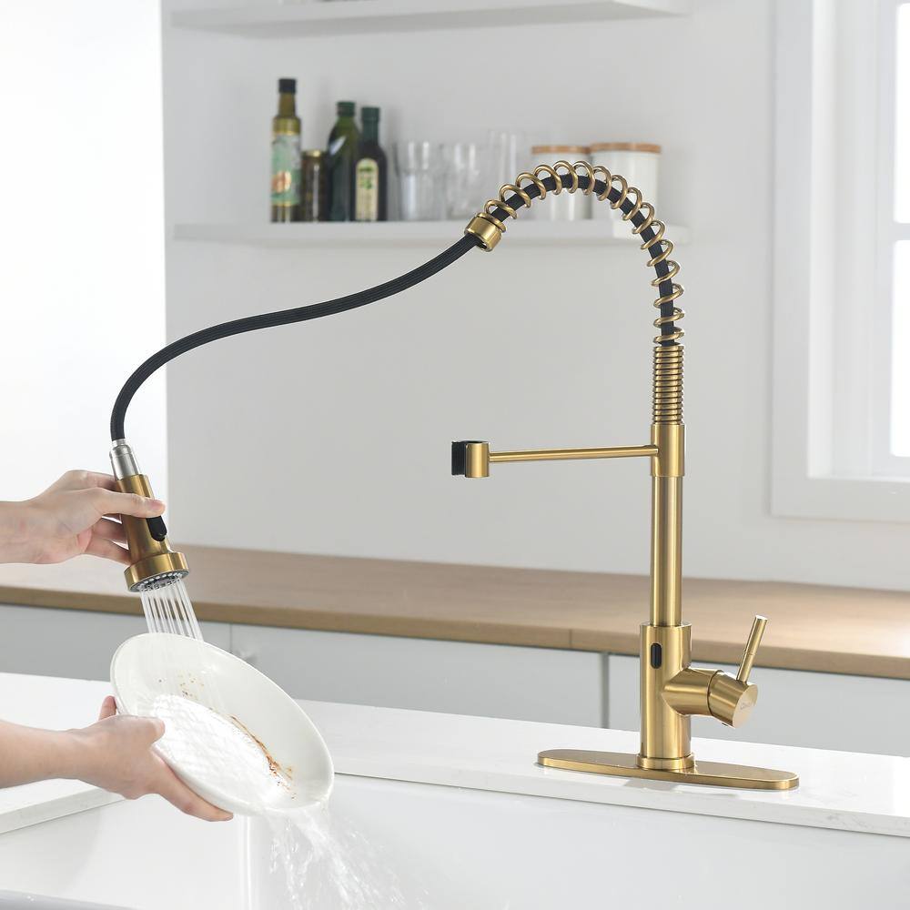 Brushed Gold Touchless Pull-Down Kitchen Faucet with Spray