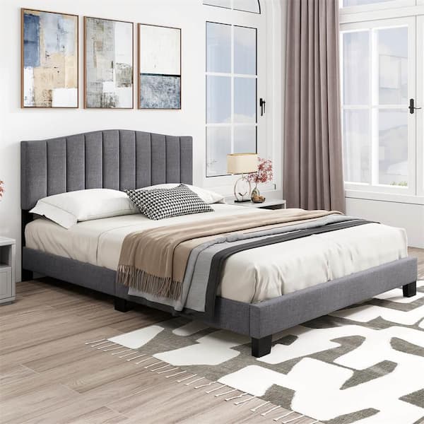 Gray + Black Modern Upholstered Wooden Frame Queen Size Platform Bed with Wooden Slat Support