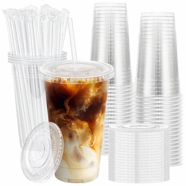 100-Pack 20 oz Clear Plastic Cups with Lids and Straws, Disposable Iced Coffee Cups for Cold Drinks and Smoothies