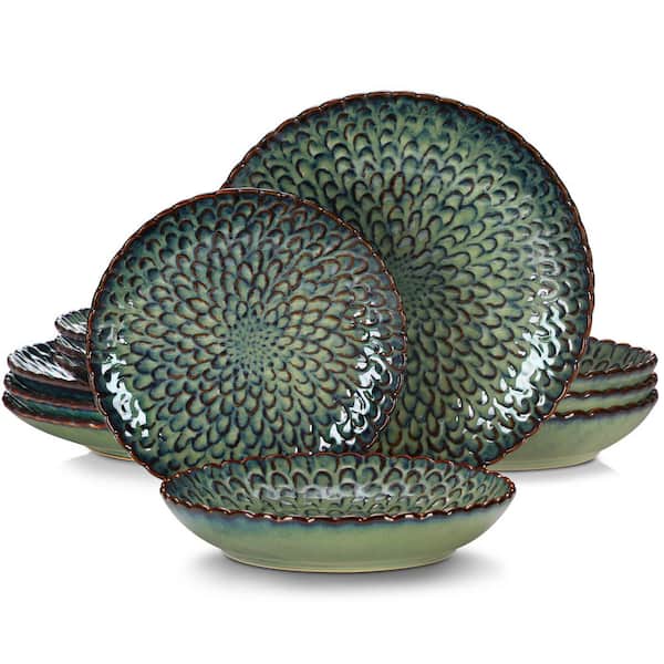 MALACASA CHRYS 12-Piece Green Stoneware Dinnerware Set Plates Bowls Set Service for 4
